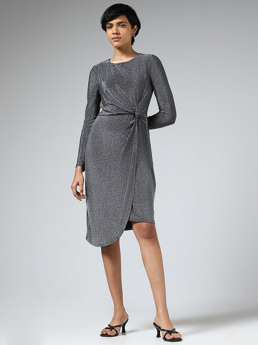 Wardrobe Grey Twisted-Knot Detail Asymmetric Shimmer Dress