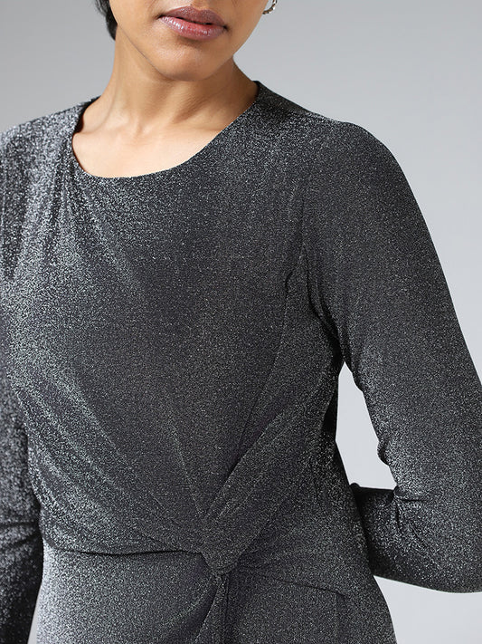 Wardrobe Grey Twisted-Knot Detail Asymmetric Shimmer Dress