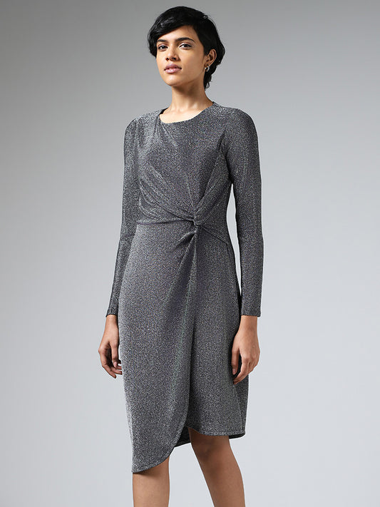 Wardrobe Grey Twisted-Knot Detail Asymmetric Shimmer Dress