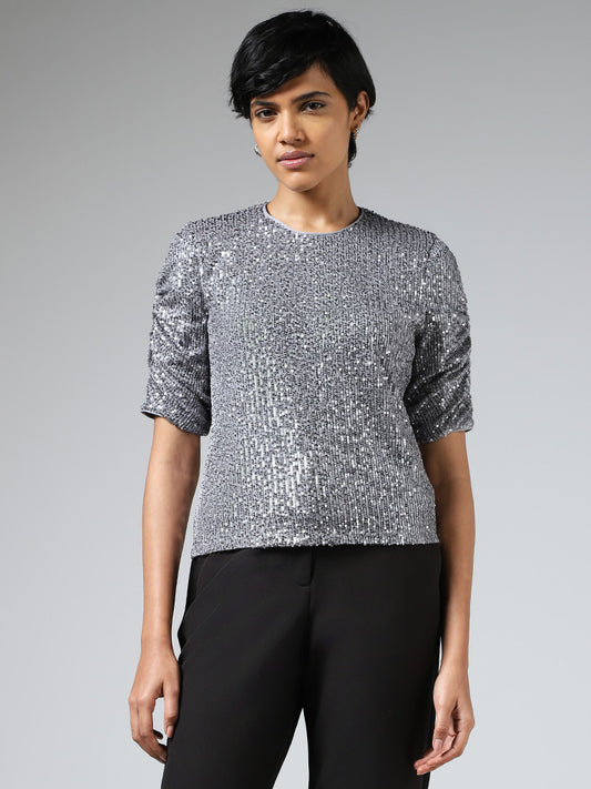 Wardrobe Silver Sequin Embroidered Top