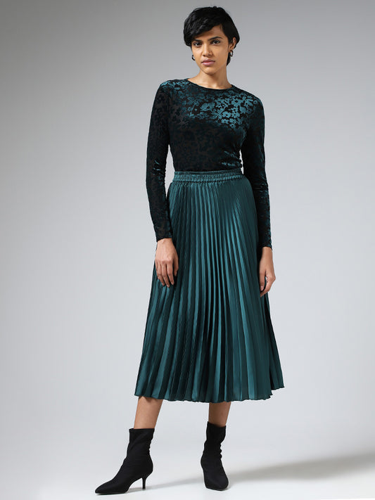 Wardrobe Teal Floral Self-Patterned Velvet Top