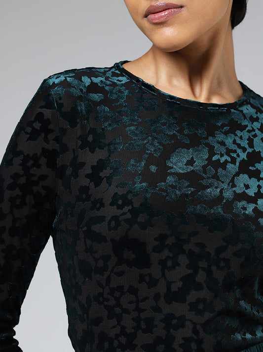 Wardrobe Teal Floral Self-Patterned Velvet Top