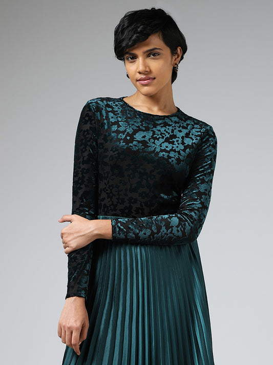 Wardrobe Teal Floral Self-Patterned Velvet Top