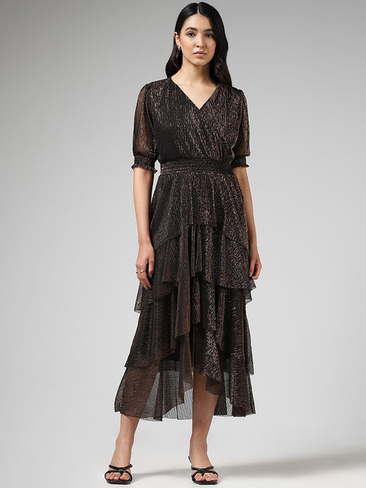 LOV Dark Brown Layered Shimmer Dress