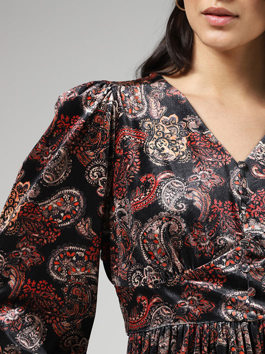 LOV Wine Paisley Printed Midi Dress