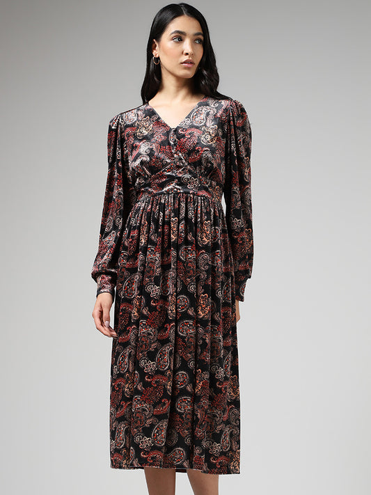 LOV Wine Paisley Printed Midi Dress