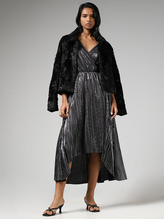 LOV Silver Asymmetrical Cut Tie-Up Dress