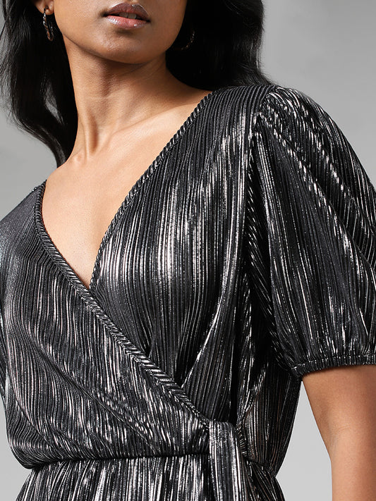LOV Silver Asymmetrical Cut Tie-Up Dress