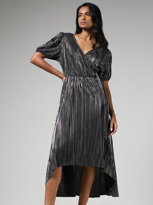 LOV Silver Asymmetrical Cut Tie-Up Dress
