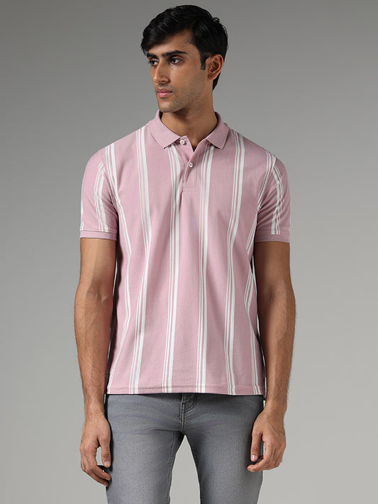 WES Casuals Pink Striped Slim Fit Polo T-Shirt