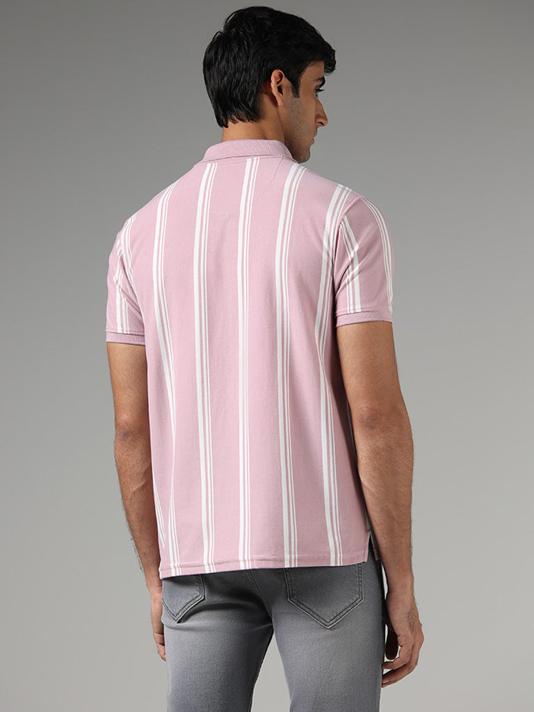 WES Casuals Pink Striped Slim Fit Polo T-Shirt