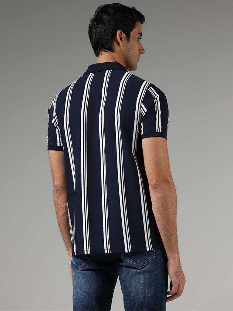 WES Casuals Navy Striped Slim Fit Polo T-Shirt