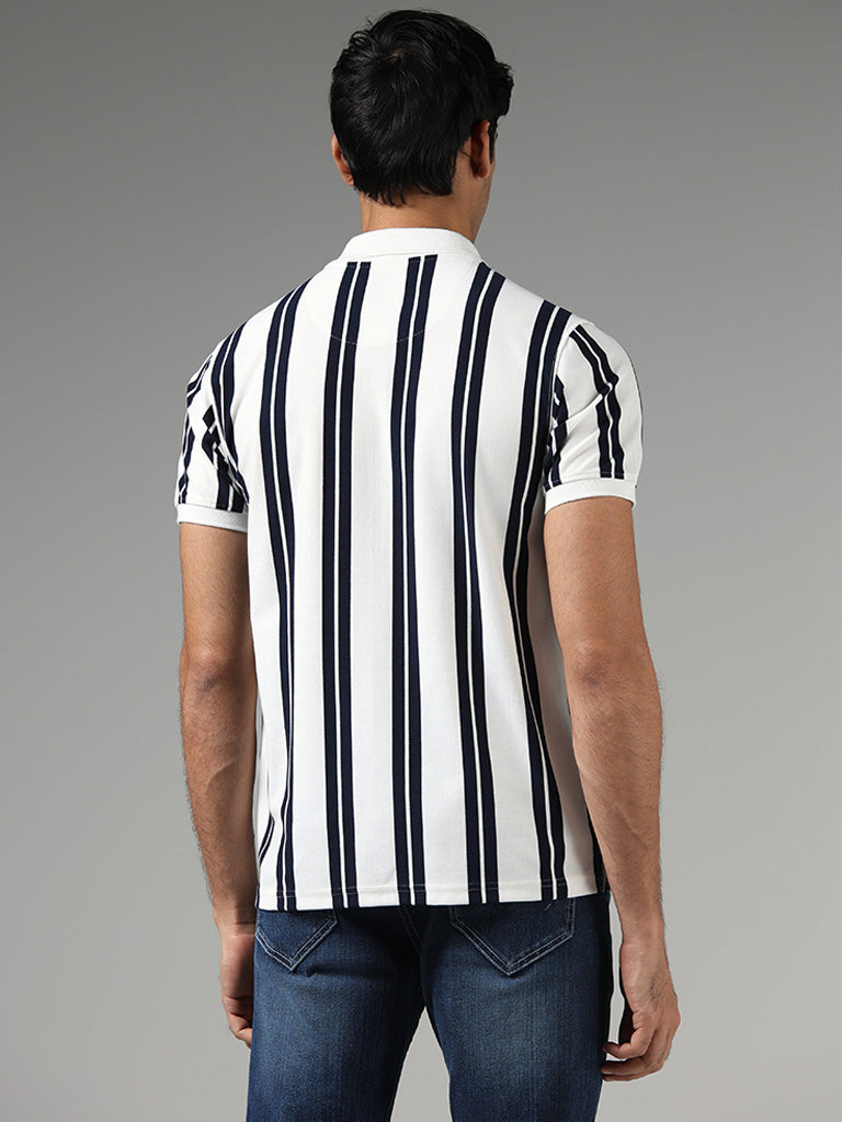 WES Casuals Off White Striped Slim Fit Polo T-Shirt