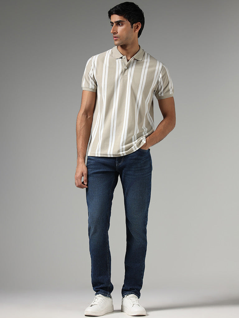 WES Casuals Beige Striped Slim Fit Polo T-Shirt