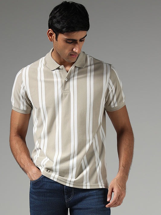 WES Casuals Beige Striped Slim Fit Polo T-Shirt