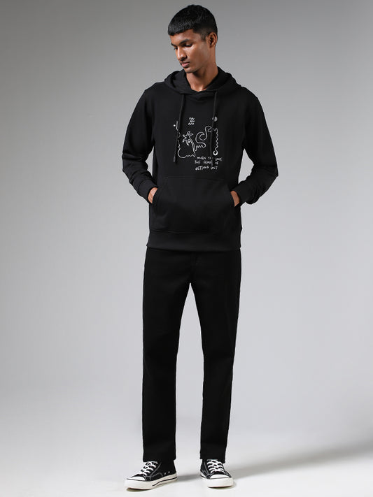 Nuon Black Embroidered Relaxed Fit Hoodie
