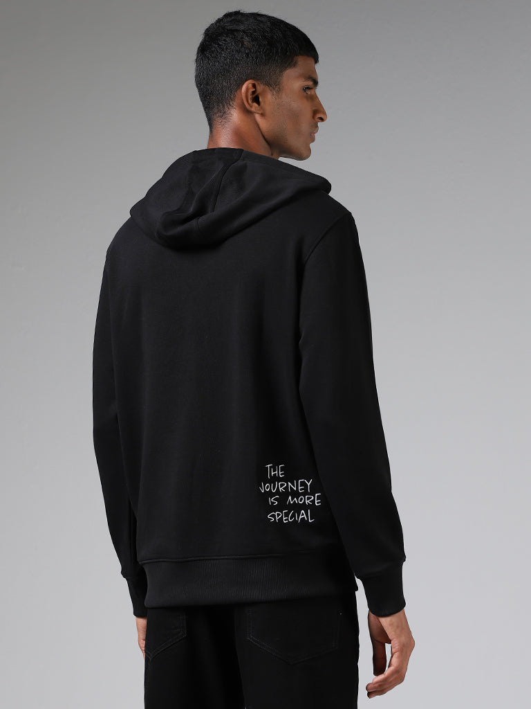Nuon Black Embroidered Relaxed Fit Hoodie