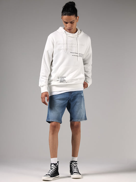 Nuon White Typographic Print Hoodie Relaxed Fit Sweatshirt