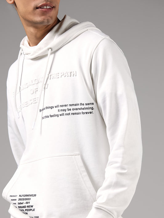 Nuon White Typographic Print Hoodie Relaxed Fit Sweatshirt