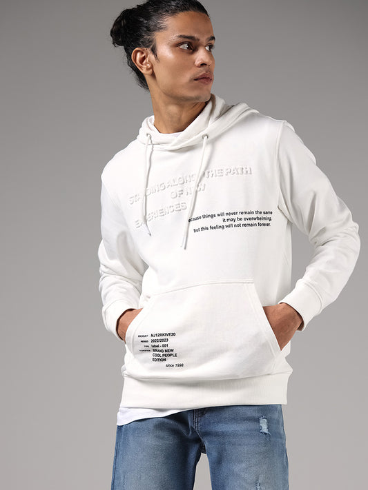 Nuon White Typographic Print Hoodie Cotton Blend Relaxed-Fit Sweatshirt