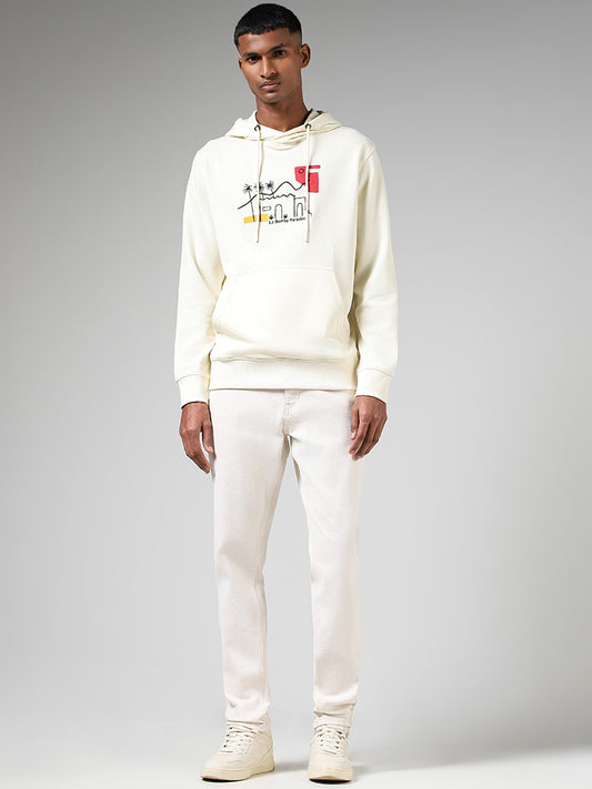Nuon Off White Printed Cotton Blend Relaxed Fit Hoodie Sweatshirt