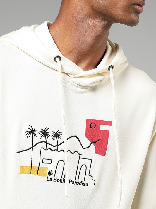 Nuon Off White Printed Relaxed Fit Hoodie Sweatshirt