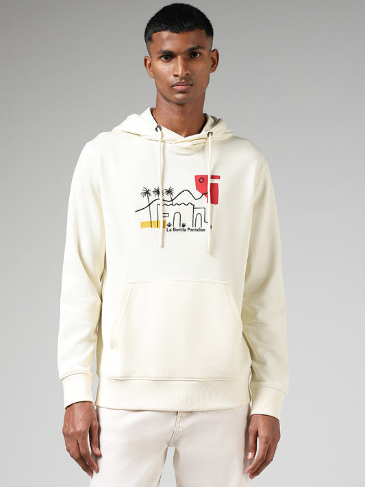 Nuon Off White Printed Cotton Blend Relaxed-Fit Hoodie Sweatshirt