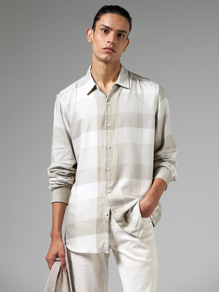 Nuon Beige Checked Slim-Fit Shirt