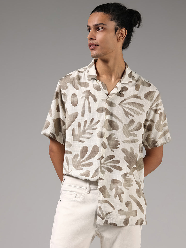 Nuon Off White Printed Relaxed Fit Blended Linen Shirt