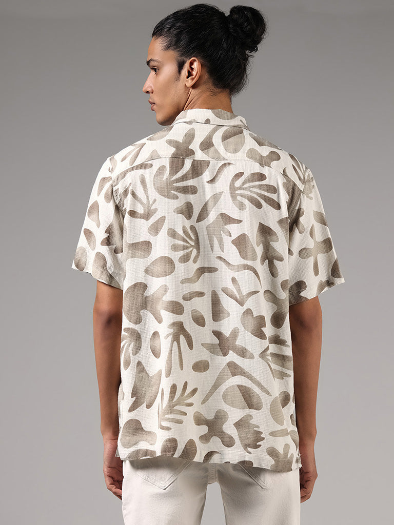 Nuon Off White Printed Relaxed Fit Blended Linen Shirt