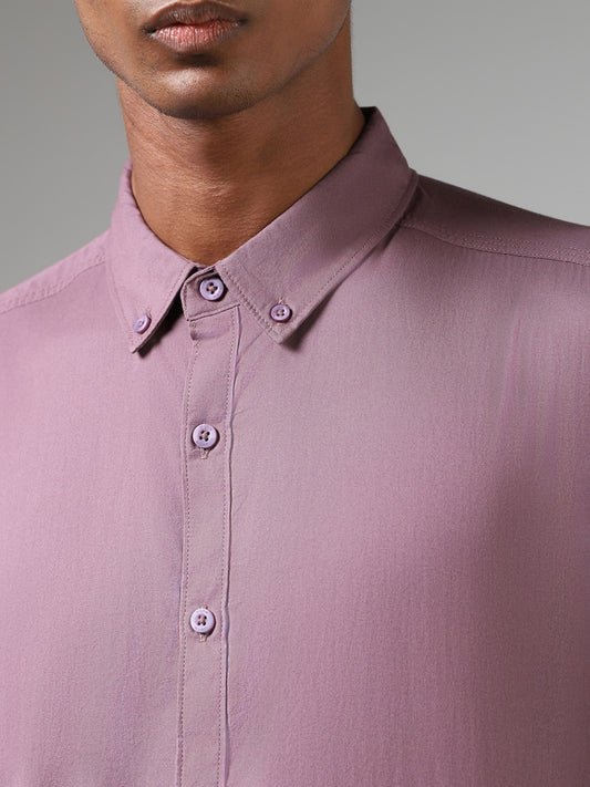Nuon Solid Light Purple Cotton Slim-Fit Shirt