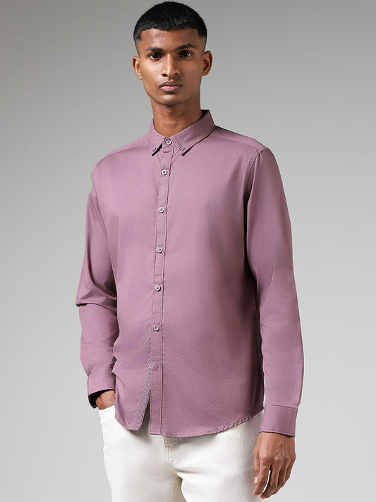 Nuon Solid Light Purple Cotton Slim Fit Shirt