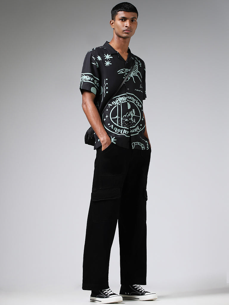 Nuon Black Abstract Printed Relaxed Fit Blended Linen Shirt