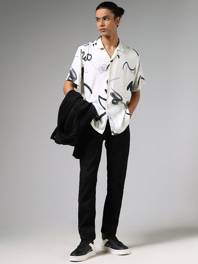 Nuon Off White Doodle Printed Relaxed Fit Shirt