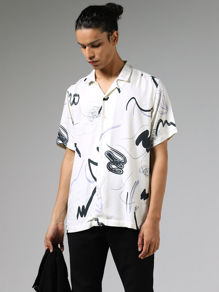 Nuon Off White Doodle Printed Relaxed Fit Shirt