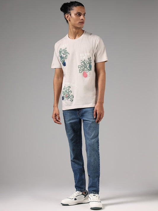 Nuon Beige Typographic Printed Cotton Slim Fit T-Shirt
