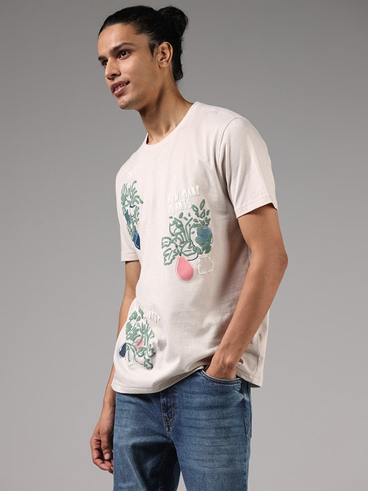 Nuon Beige Typographic Printed Cotton Slim Fit T-Shirt