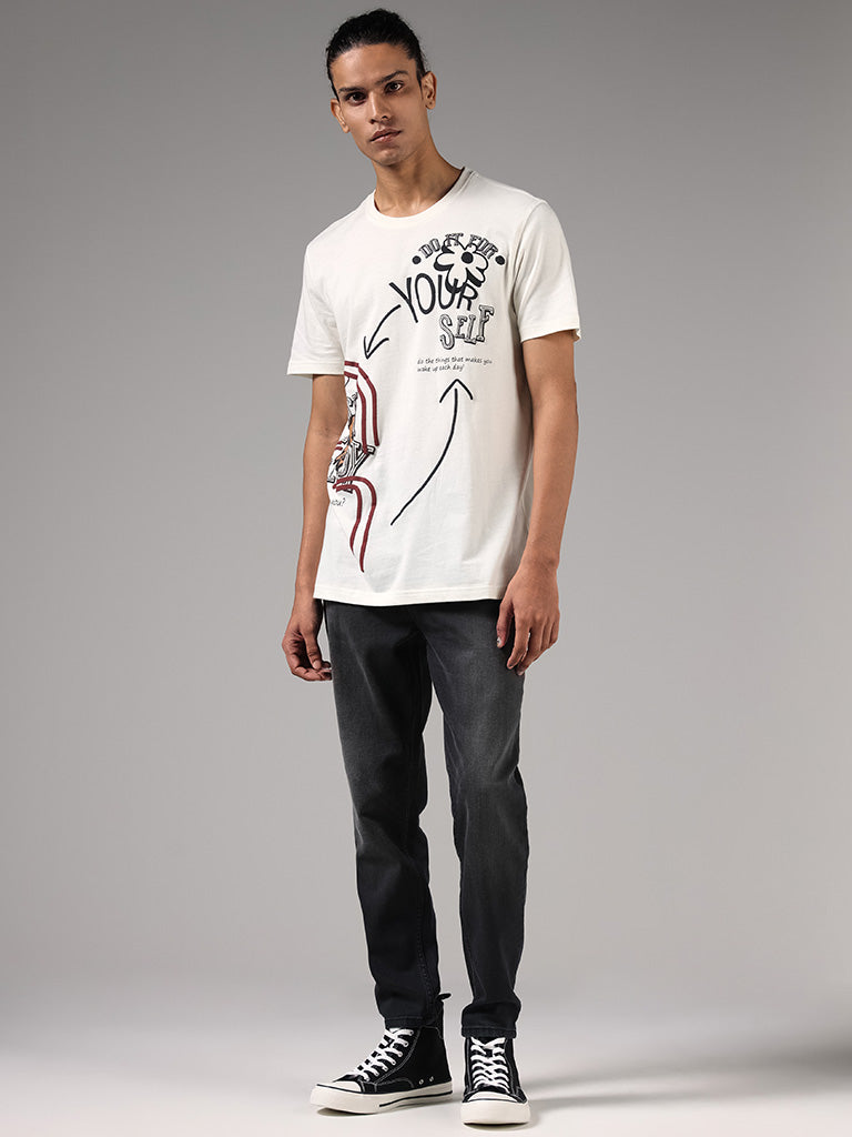 Nuon Off White Typographic Printed Slim Fit T-Shirt
