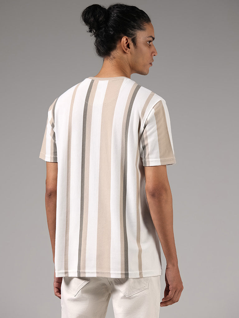 Nuon Beige Striped Cotton Slim Fit T-Shirt