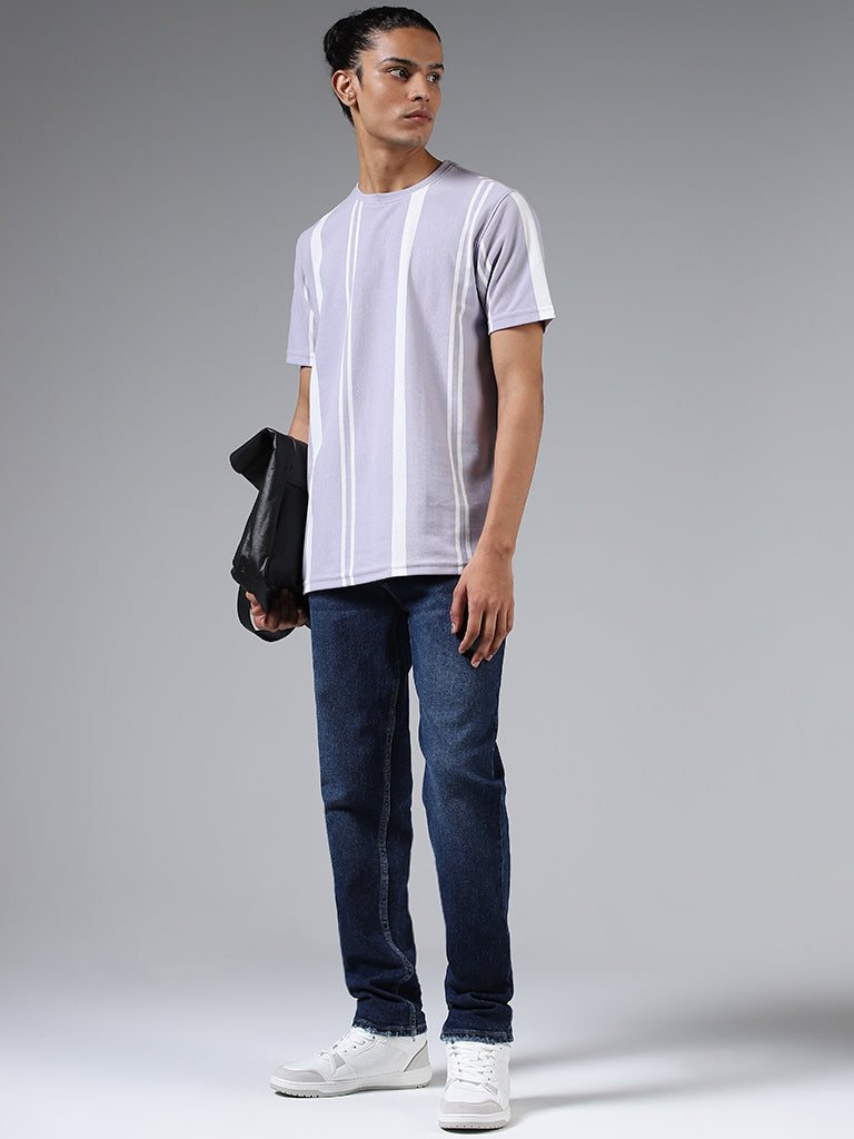 Nuon Lilac Striped Cotton Slim Fit T-Shirt