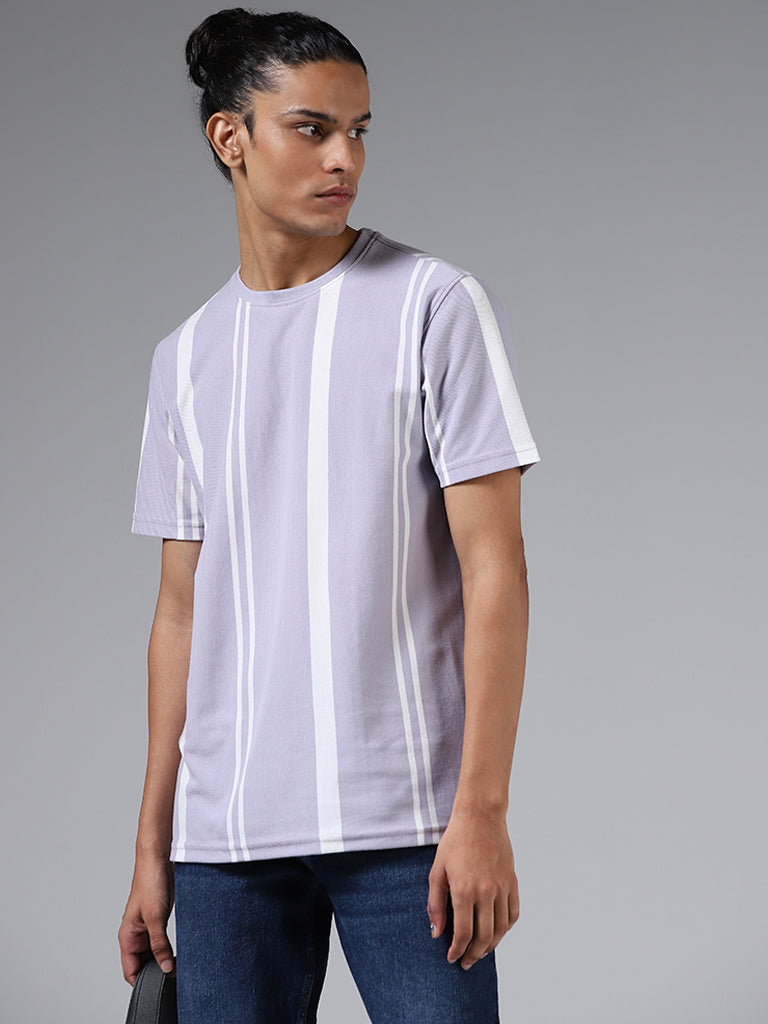 Nuon Lilac Striped Cotton Slim Fit T-Shirt
