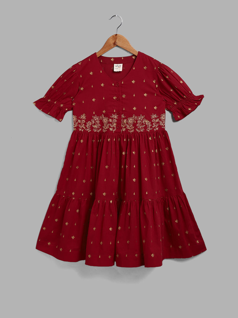 Utsa Kids Embroidered Maroon A-Line Dress