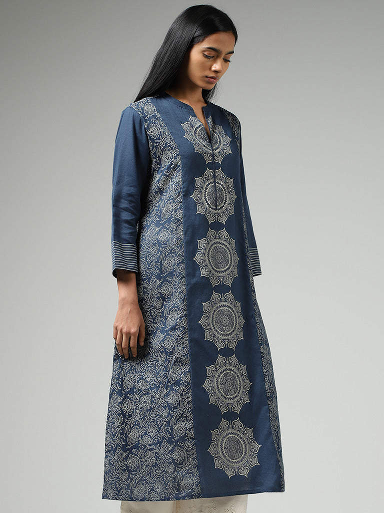 Indo Era Women Blue & Off White Pure Cotton Geometric Printed Indigo A-Line  Kurta - Absolutely Desi