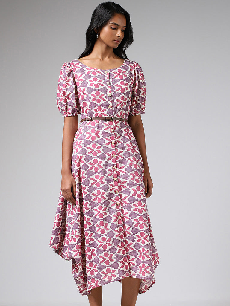 Utsa Pink Printed Buttoned Down Dress with Belt
