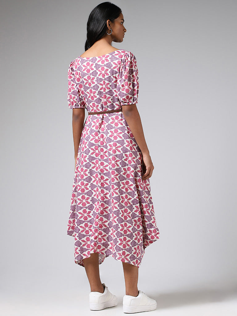 Utsa Pink Printed Cotton Button-Down Dress with Belt