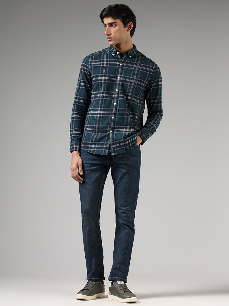 WES Casuals Emerald Green Checked Slim Fit Shirt