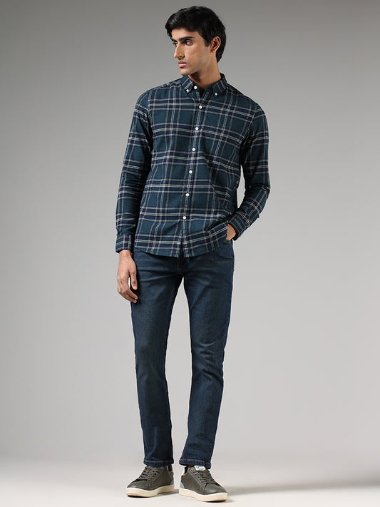 WES Casuals Emerald Green Checked Slim-Fit Shirt