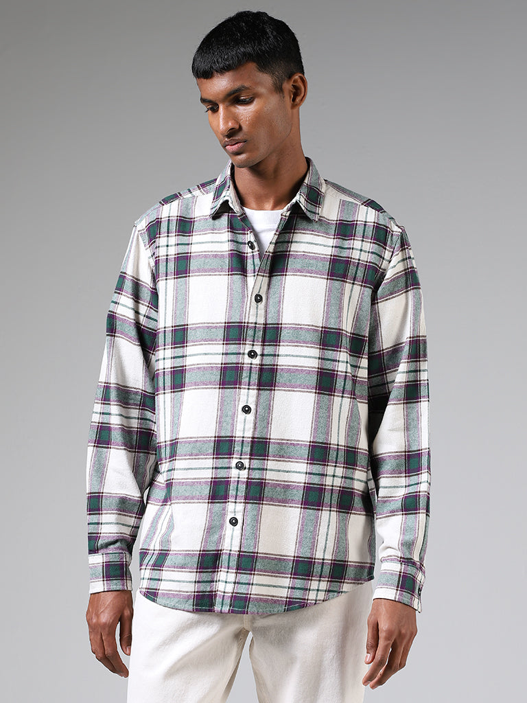 Nuon Off White Plaid Checked Relaxed Fit Shirt