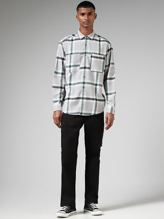 Nuon Grey Plaid Checked Cotton Relaxed Fit Shirt