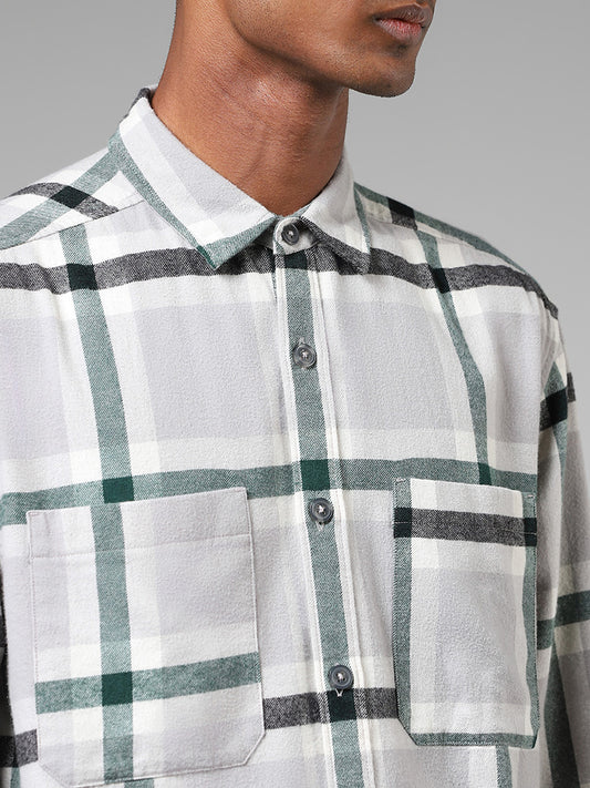 Nuon Grey Plaid Checked Cotton Relaxed Fit Shirt